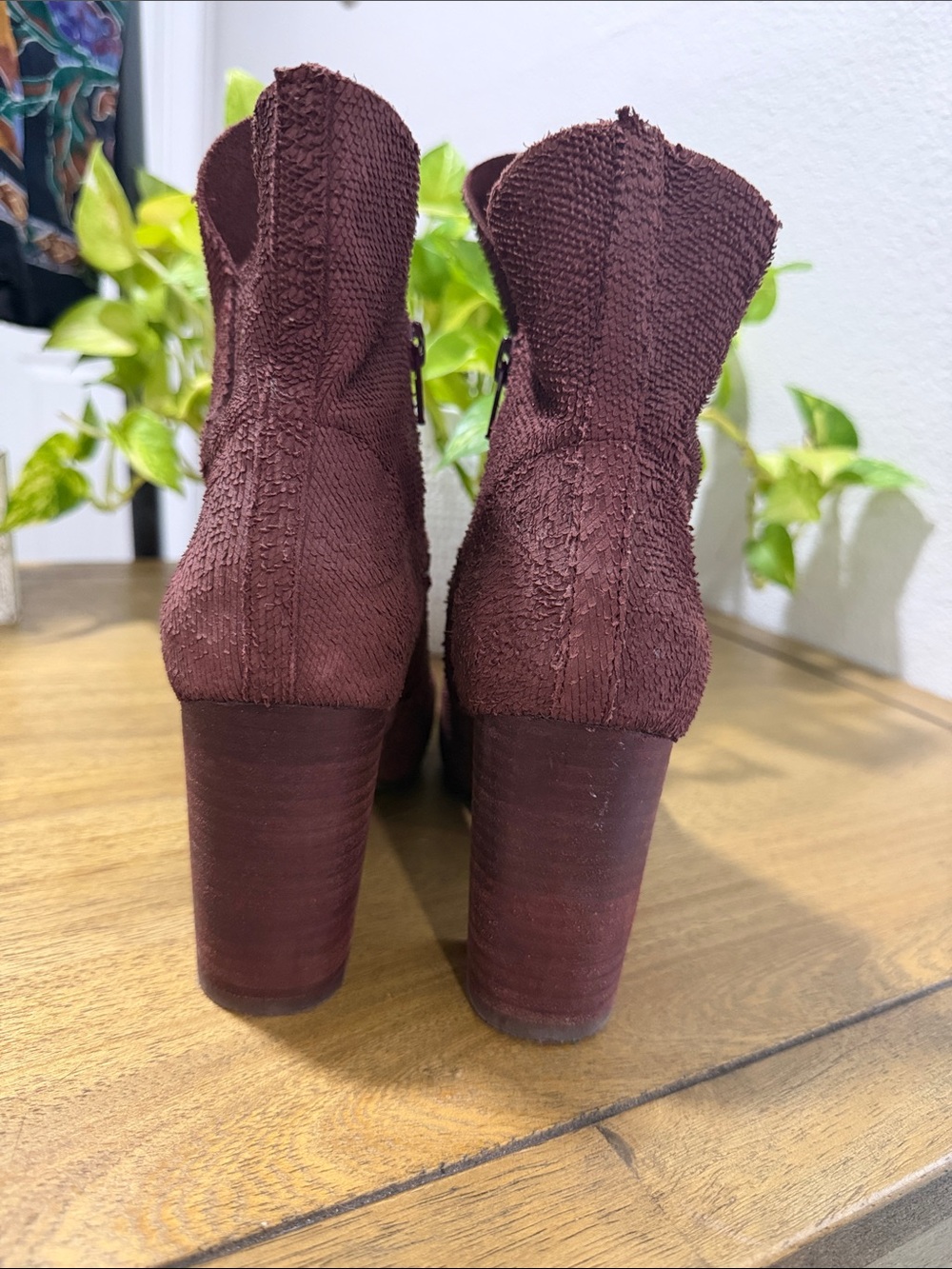 Seychelles Suede Textured Tulip Topline- Block Heel Ankle Boots - Burgundy - Picture 2 of 6